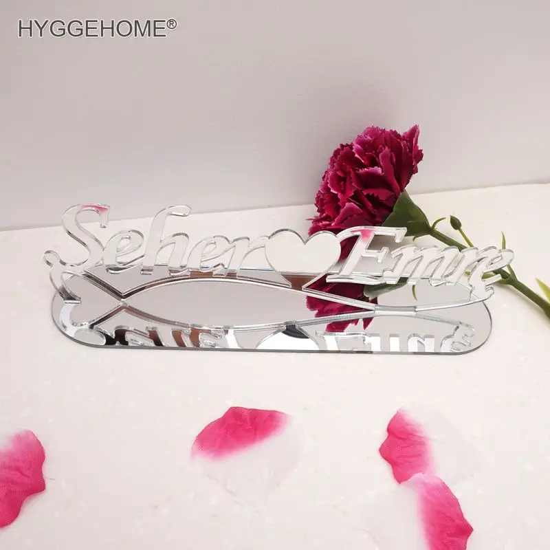 Ornement de bureau personnalisé pour fête de mariage, décoration personnalisée, miroir acrylique mignon, nom du marié et de la mariée, cadeaux pour les jeunes mariés