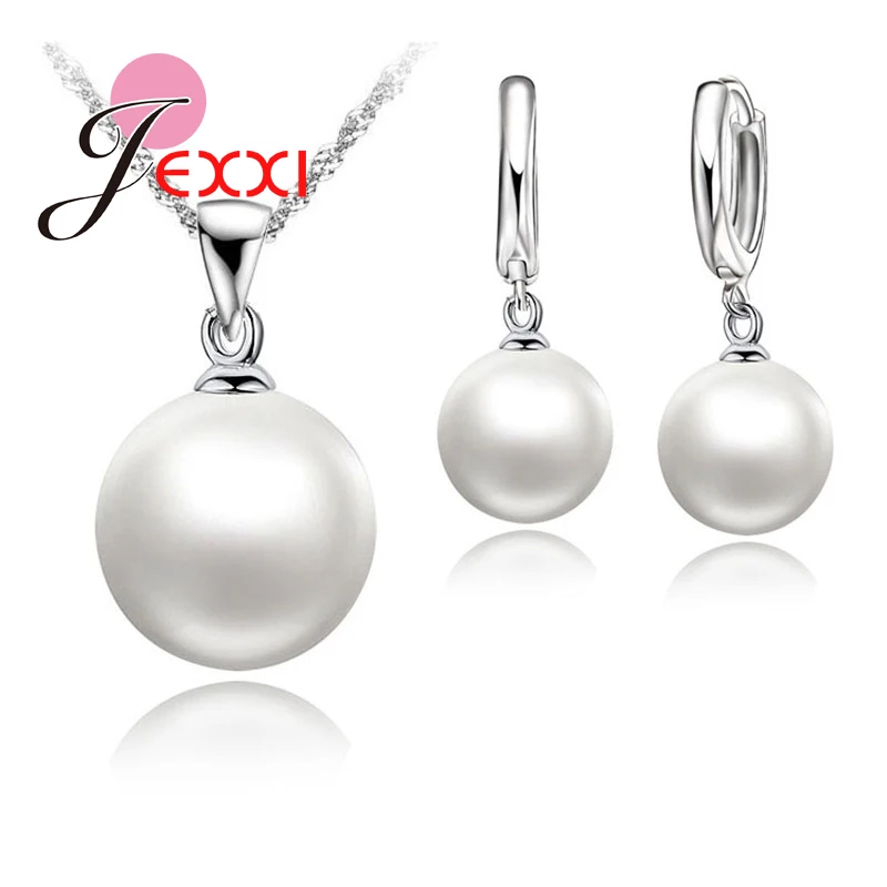 Nice Wedding Jewelry Sets 925 Silver Color Necklace+Pearl Hoop Earrings Fashion Jewelry Sets 18inch 925 Silver Color Necklace