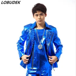 (Jacket+Pants+Vest) Men Blue Rivet Faux Leather Suits Dancer Singer Stage Performance Show Bar Nightclub Costume Outfits Set