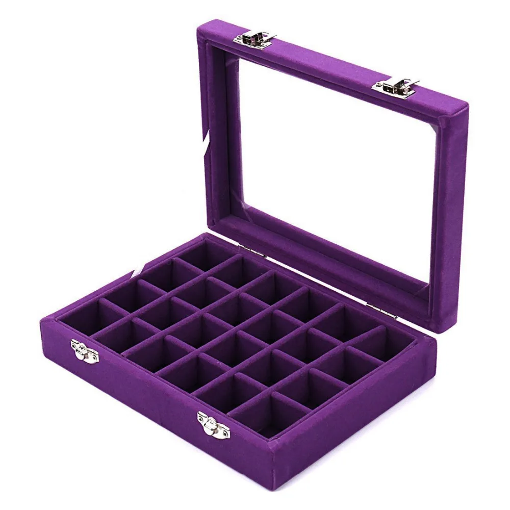 Purple 24 Slot Velvet Glass Jewelry Box Organizer Rings Earrings Tray Display Storage Case