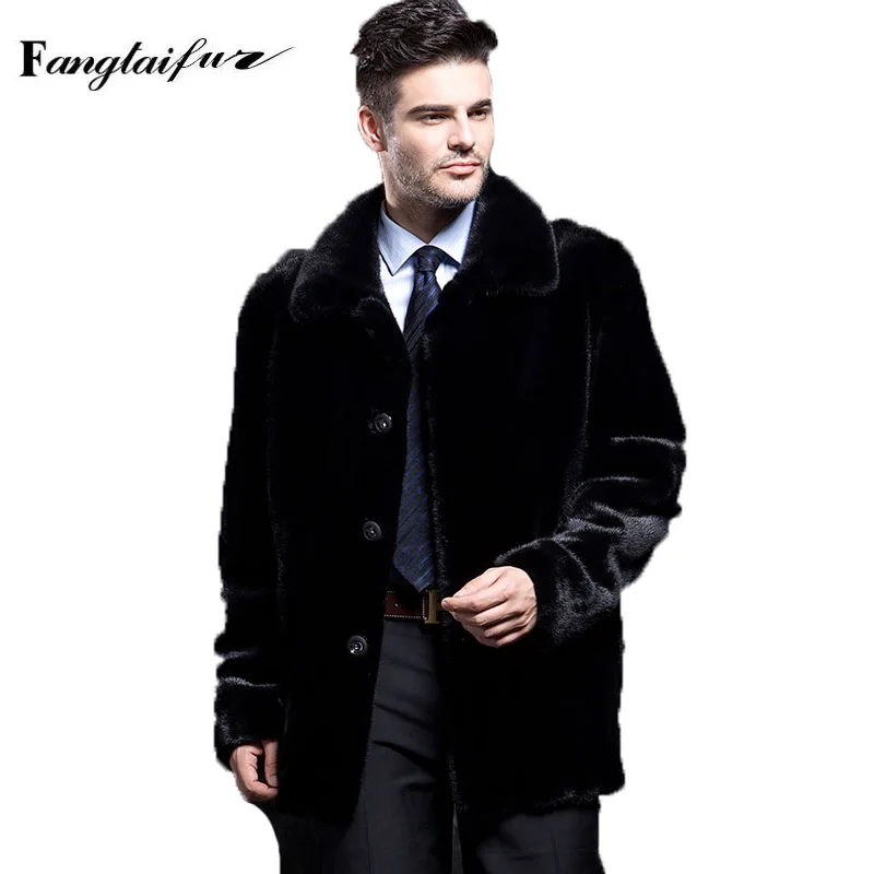 Ftangaiur Winter Men Jacket Import Velvet Mink Fur Coat Black Square Collar Mink Coats Short Smart Causal Real Mink Fur Coats