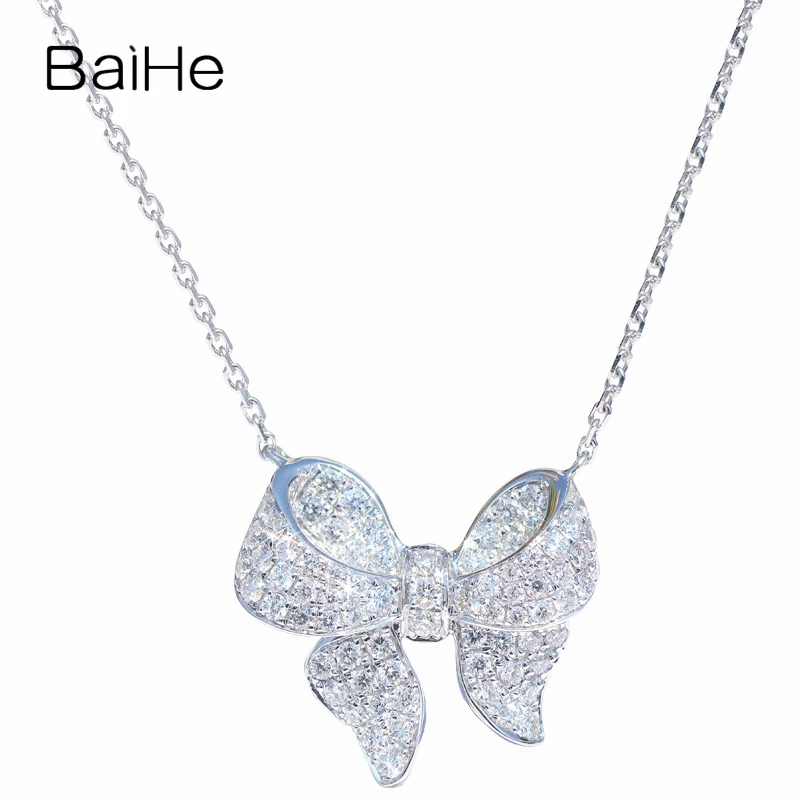 

BAIHE Solid 18K White Gold H/SI Sparkling Natural Diamond Bowknot Necklace Clavicle Chain Women Fine Jewelry Making Collar lazo