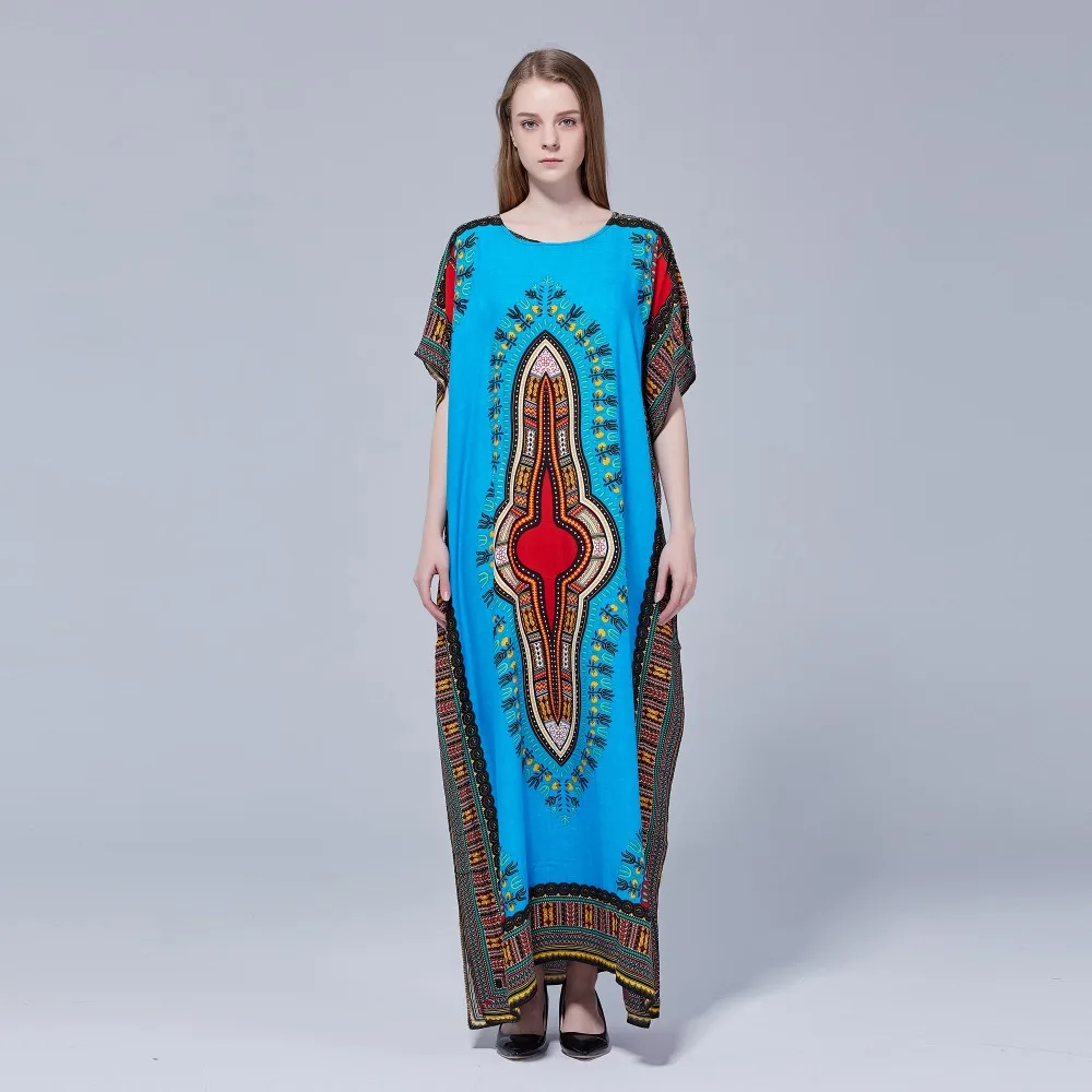 Cotton Blue Yellow African Traditional Prited Ethnic Succunct Hippie Loose Dashiki Women Dress