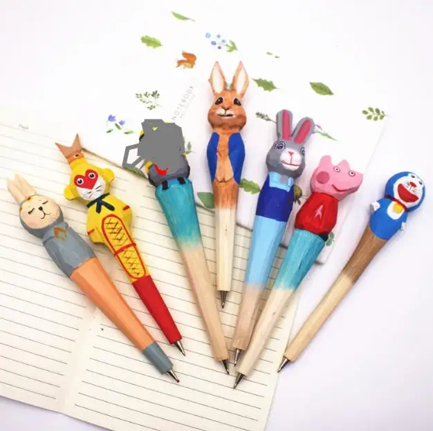 Creative Carved Wooden Animal Pen BallPoint Stationery Hand Painted Vintage Wood pens Back To School Party Favors gift 50pcs/Lot