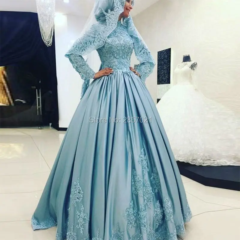 Light Blue Muslim Wedding Dress Hijab Long Sleeve Turkish Islamic Bridal Dresses 2020 Lace Soft Satin Wedding Gown Vestido Noiva