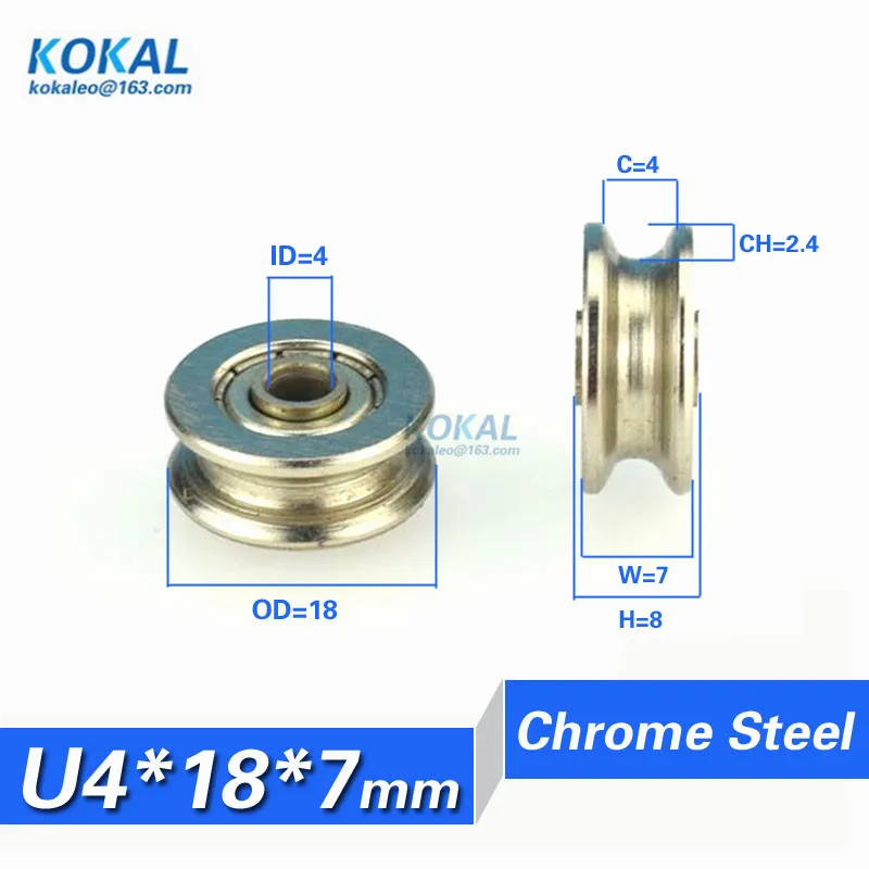 [U0418-7]10PCS U groove type nickel plate chrome steel U type groove inner diameter 4 ball bearing roller pulley 0418U 4*18*7mm