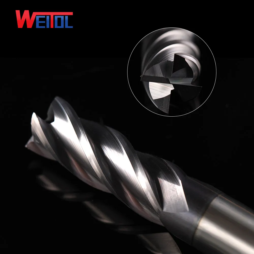 Weitol 1pcs HRC50 black coating tungsten carbide two/double flutes flat bottom milling cutter CNC router bit 4 flutes end mill