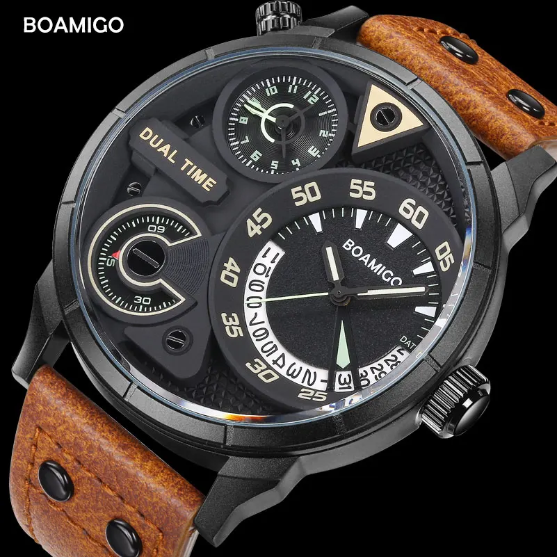 mens watches fashion men sport quartz watch BOAMIGO brand dual time date wristwatches leather strap waterproof relogio masculino