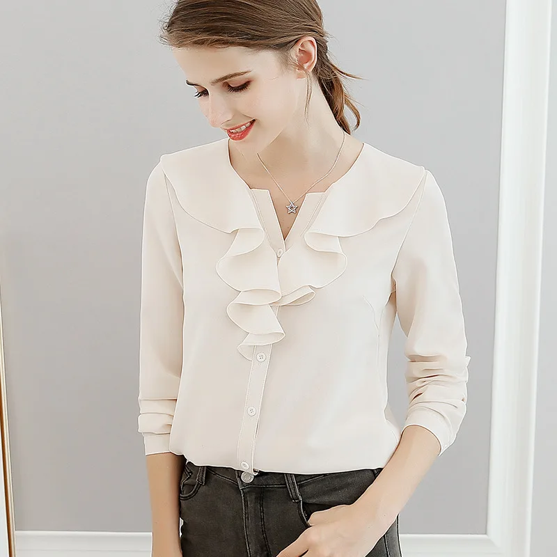 Spring Summer Chiffon Women Shirt Office Ladies Pure Color Long Sleeves Thin Casual Blouse Female New Korean Fashion Top H9078