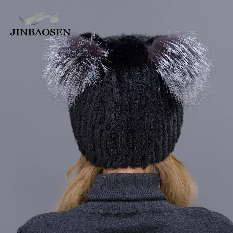 JINBAOSEN Fashion Female Mink Fox Fur Hat Suede Hat Winter Ski Cap Cat Ears Style Casual Hat Wool Cap