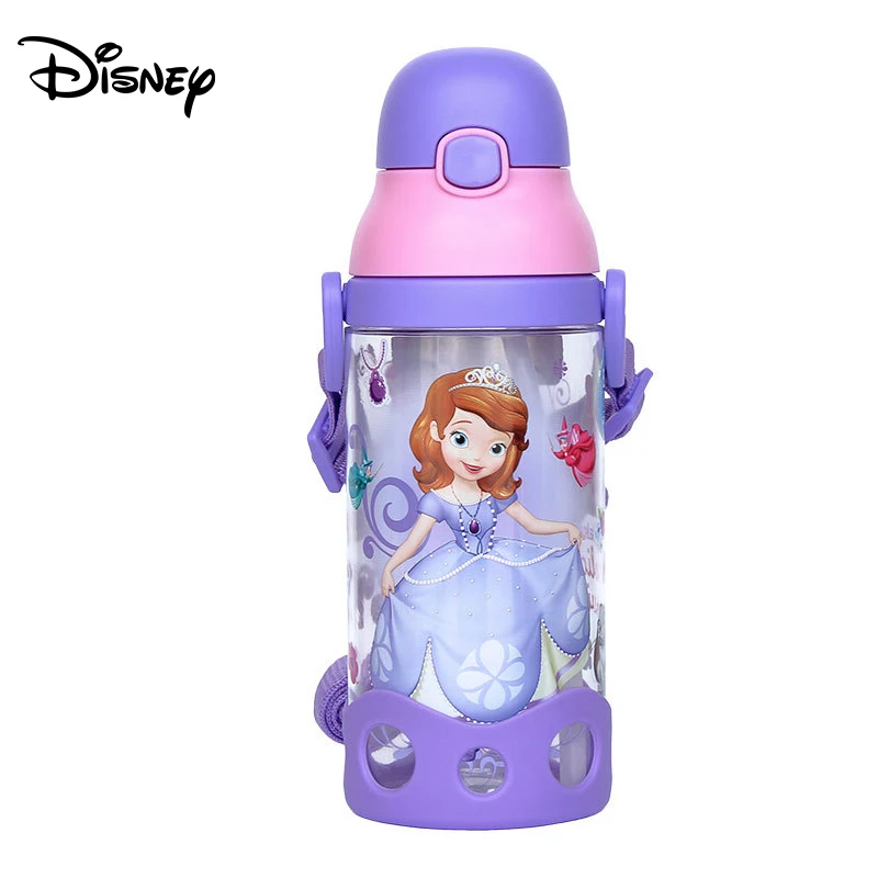 Disney children press the cup handle baby with straw leak-proof plastic cup flip student resistance to falling kettle