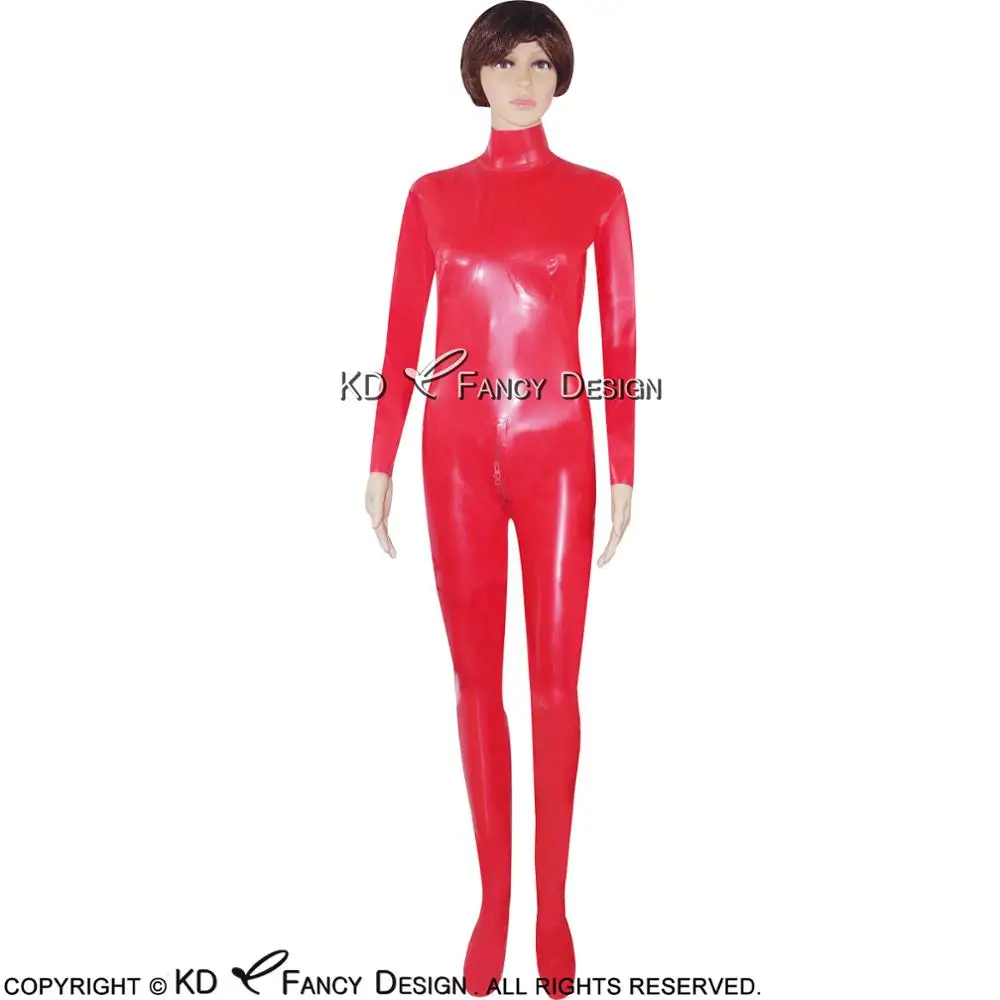 Red Sexy Latex Catsuit With Feet Glued Breast Cup Back To Crotch Zipper Rubber Bodysuit Zentai Overall Body Suit LTY-0005