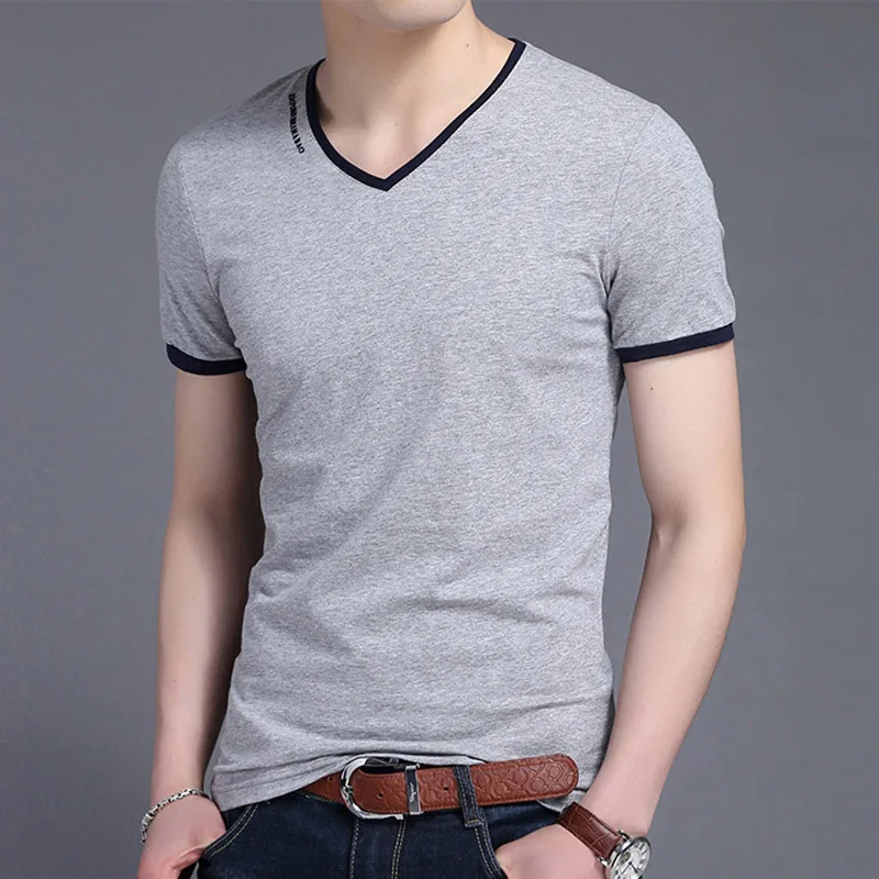 Liseaven Men T Shirt V-Neck cotton tshirt Short Sleeve T-Shirts Men\'s Slim Fit Solid Color Tee Shirt