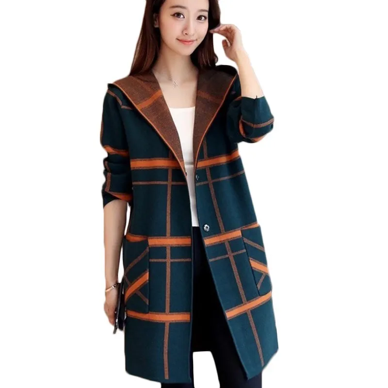 Women\'s Hooded Plaid Sweater Coat, Long Sleeve Cardigan, Elegant Female Fashion, Casual Knitting Sweaters, Autumn, F651