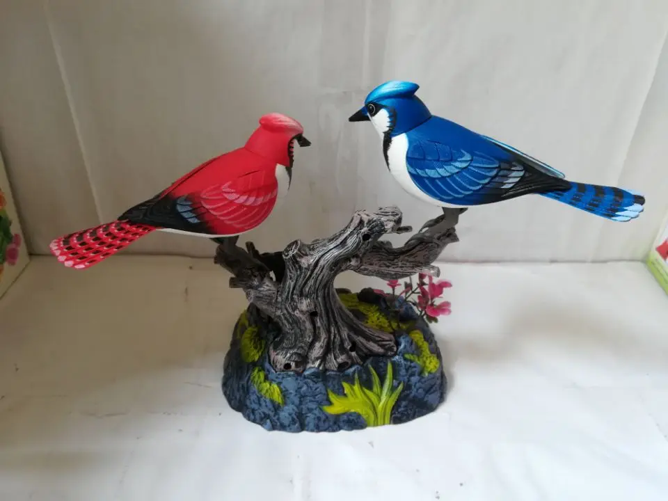 Modelo de pájaros vívidos artificiales, sonido de control de voz de 18x20cm, pájaros azules y rojos, decoración del hogar, regalo de Navidad b1774