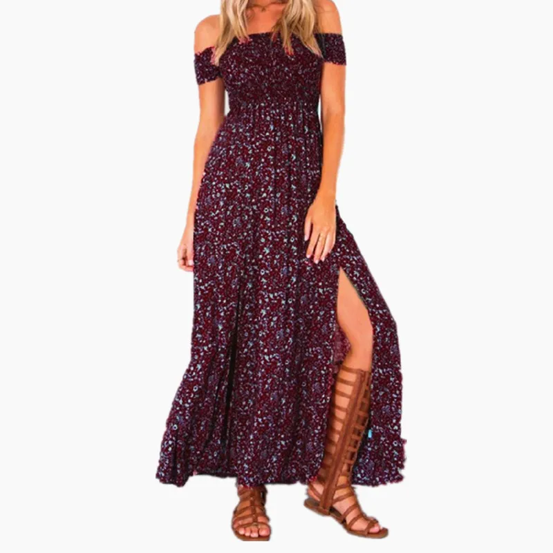 

2019 New Fashion Women Summer Sexy Printed Chest Split Long Dress Slash Neck Bohemia Small Floral Beach Long Dress