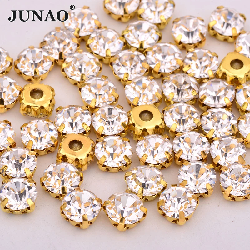 JUNAO 6 7 8 10 mm Sew On Clear Glass Crystals Gold Silver Claw Rhinestones Bridal Beads Applique Sewing Flatback Crystal Stones