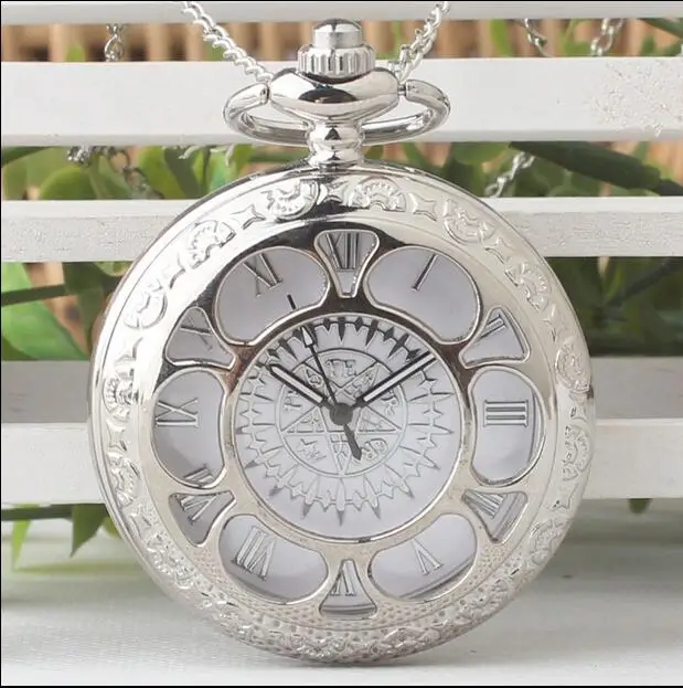 New Fashion quartz sunflower Black Butler silver quartz anime Hollow out woman and men pocket watch FOB chain gift