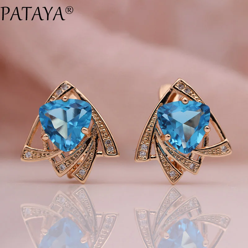 PATAYA New Blue Triangular Earrings 585 Rose Gold Color Multicolor Cubic Zircon Dangle Earrings Women Wedding Jewelry 9 Colors