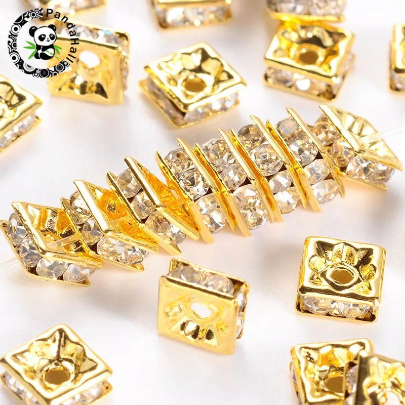 100pcs Metal Brass Rhinestone Crystal Bead Loose Spacer Beads Square for DIY Jewelry Making Accessories