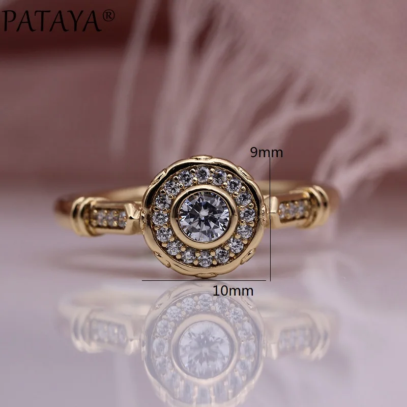 PATAYA New 585 Rose Gold Color Lovely Carved Natural Zircon Rings Women Fashion Jewelry Wedding Fine Craft Hollow Round Ring