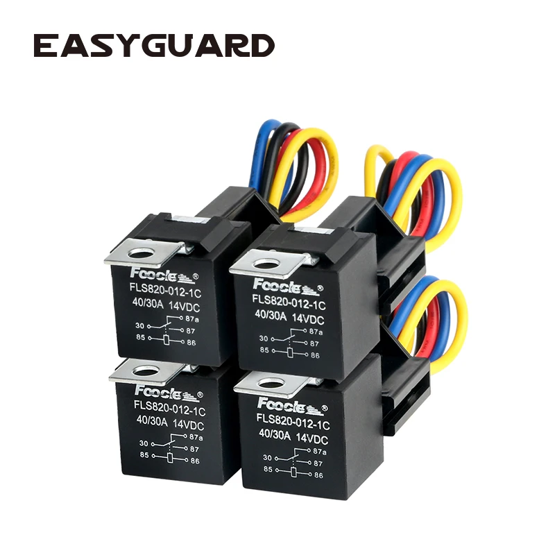 

EASYGUARD SPDT car Relay automotive relay with socket wires DC12V 30/40 AMP 5-pin 4 pieces/pack cr5p-4