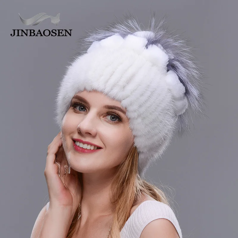 JINBAOSEN  New Style Fur Hat Black Wholesale Mink Fur Fox Fur Hat Winter Warm Woman\'s Fashion Shopping Leisure Ski Cap