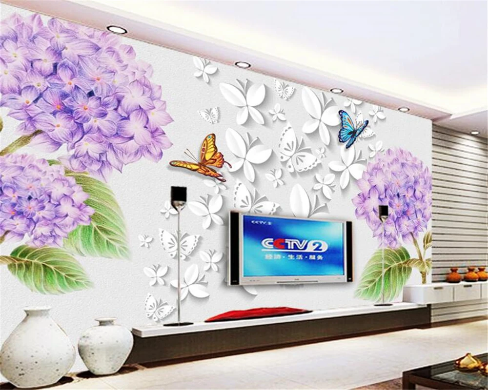 beibehang papel de parede 3d wallpaper Premium Dream Fashion Waterproof Wallpaper Purple Flower Stereo Butterfly 3D TV Wall