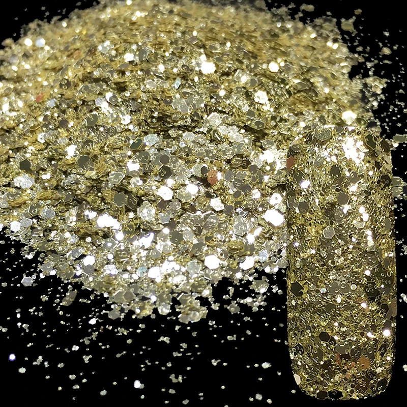 

Wholesale Multiple Size Flash Acrylic Manicure Nail Art Glitter Powder Champagne Gold Hexagonal Sequins Powder Dust Mix Size
