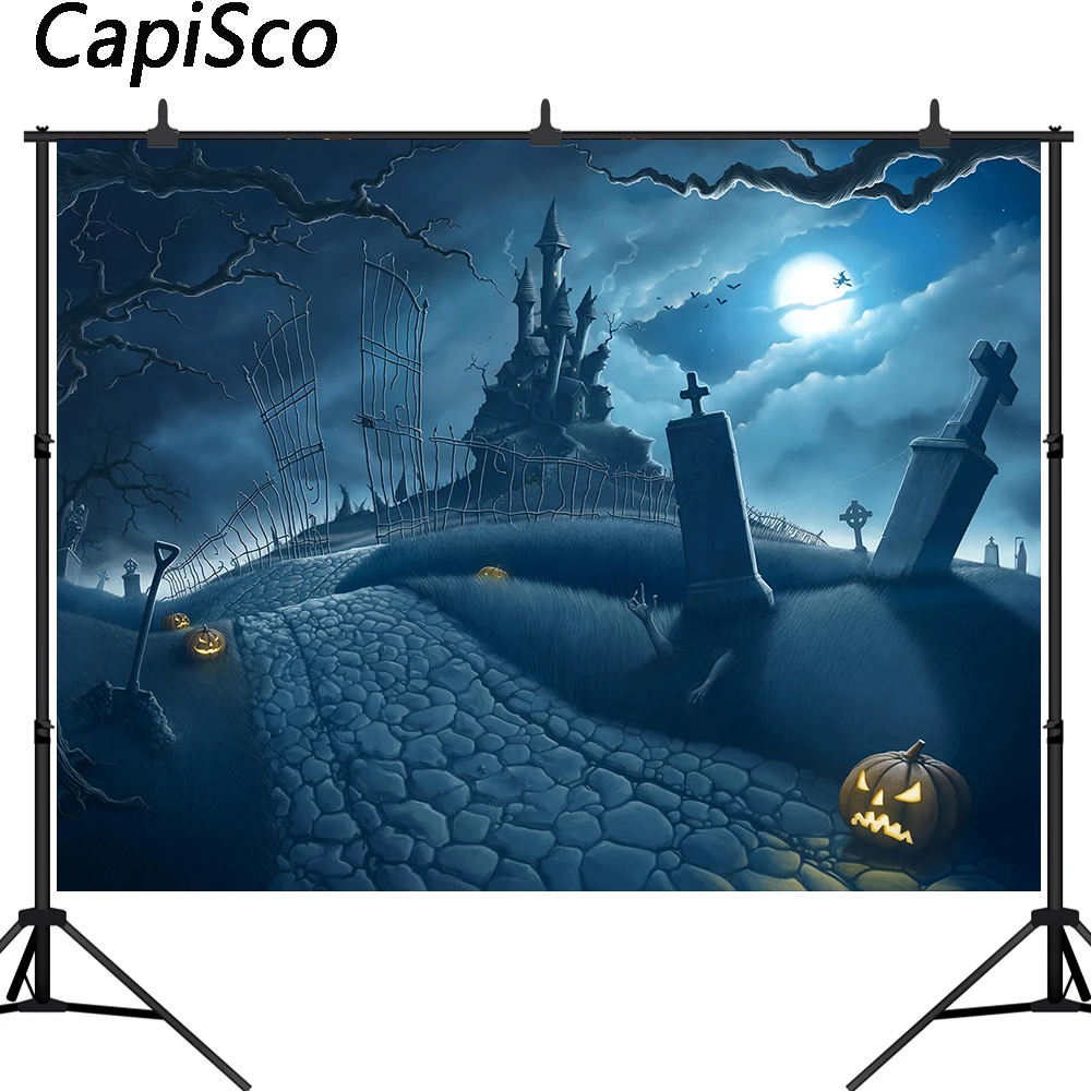 

Capisco photography background Moon Castle Witch Bat Pumpkin Cemetery Halloween theme backdrop photo studio camera fotografica