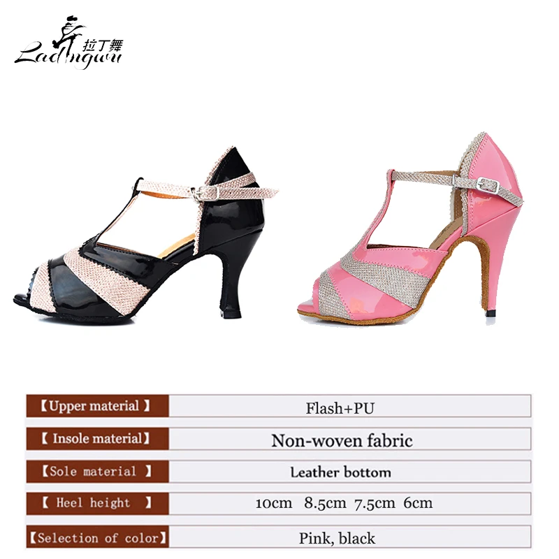 Ladingwu-zapatos de baile latino para mujer, calzado de PU, color rosa/negro, para Salsa, Tango