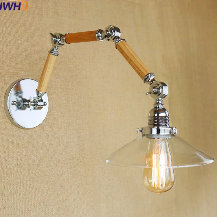 

IWHD Wood LED Wall Light Fixture Bra Vintage Loft Style Wall Lamp Bedroom Stairway Lighting Aplique Luz Pared Glass Wandlamp