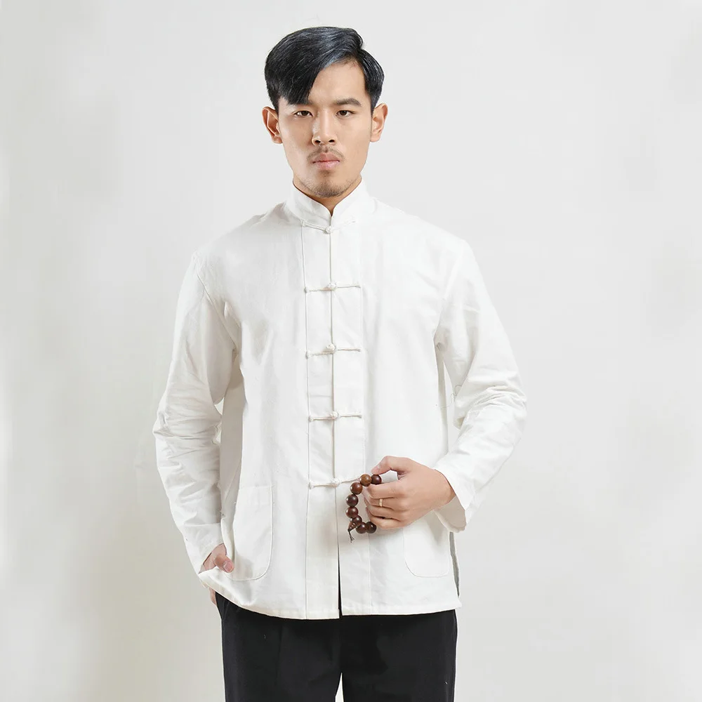 Manica lunga 100% cotone abiti tradizionali cinesi Tang Suit Top Kung Fu Tai Chi uniforme primavera autunno camicia camicetta cappotto per uomo