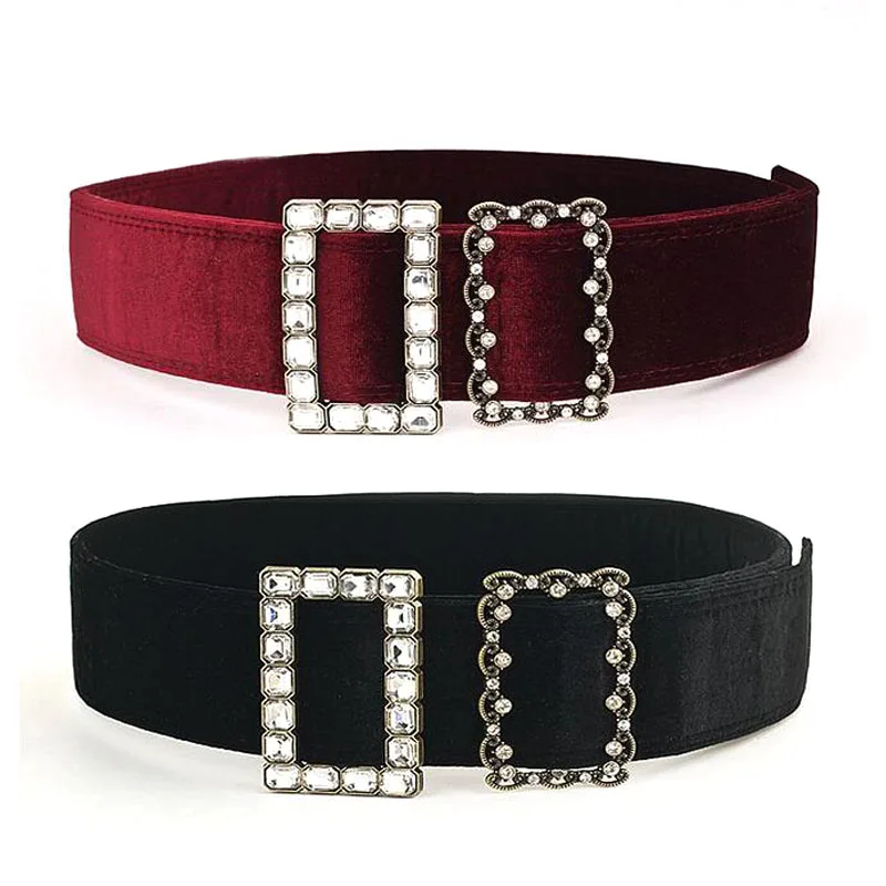 

2019 New Fashion wide Belt female velvet leather belts women Luxury rhinestone metal skin strap woman Wide women's girdle