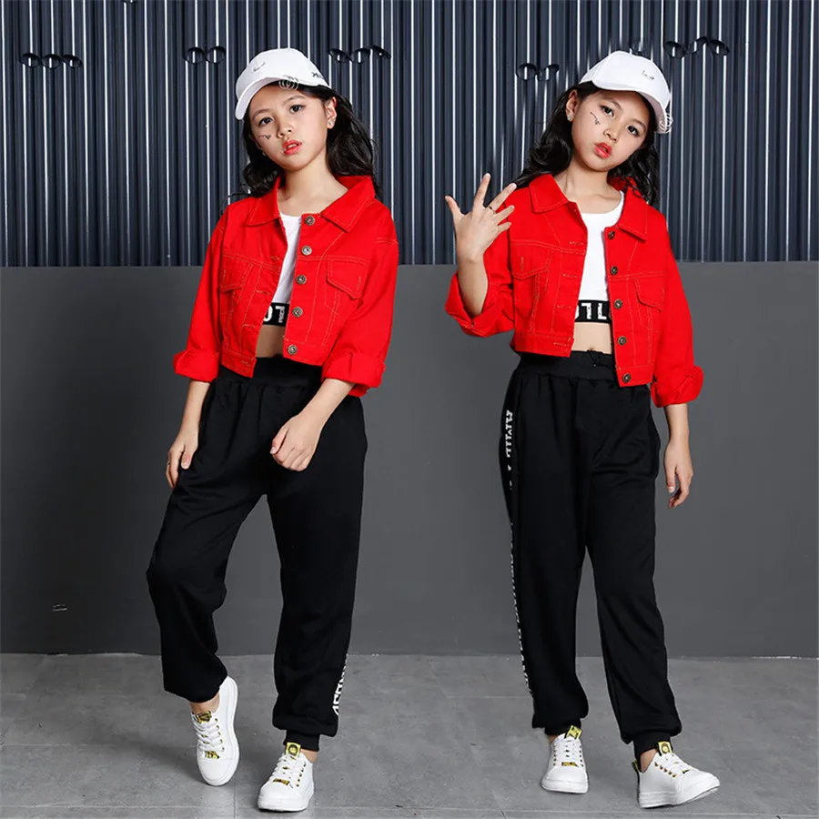 Teenage Girls Clothing Set 2021 Cotton Red Crop Jacket Top Pant Three Pieces Sets For Kids 8 9 10 11 12 13 14 15 16 Years Old