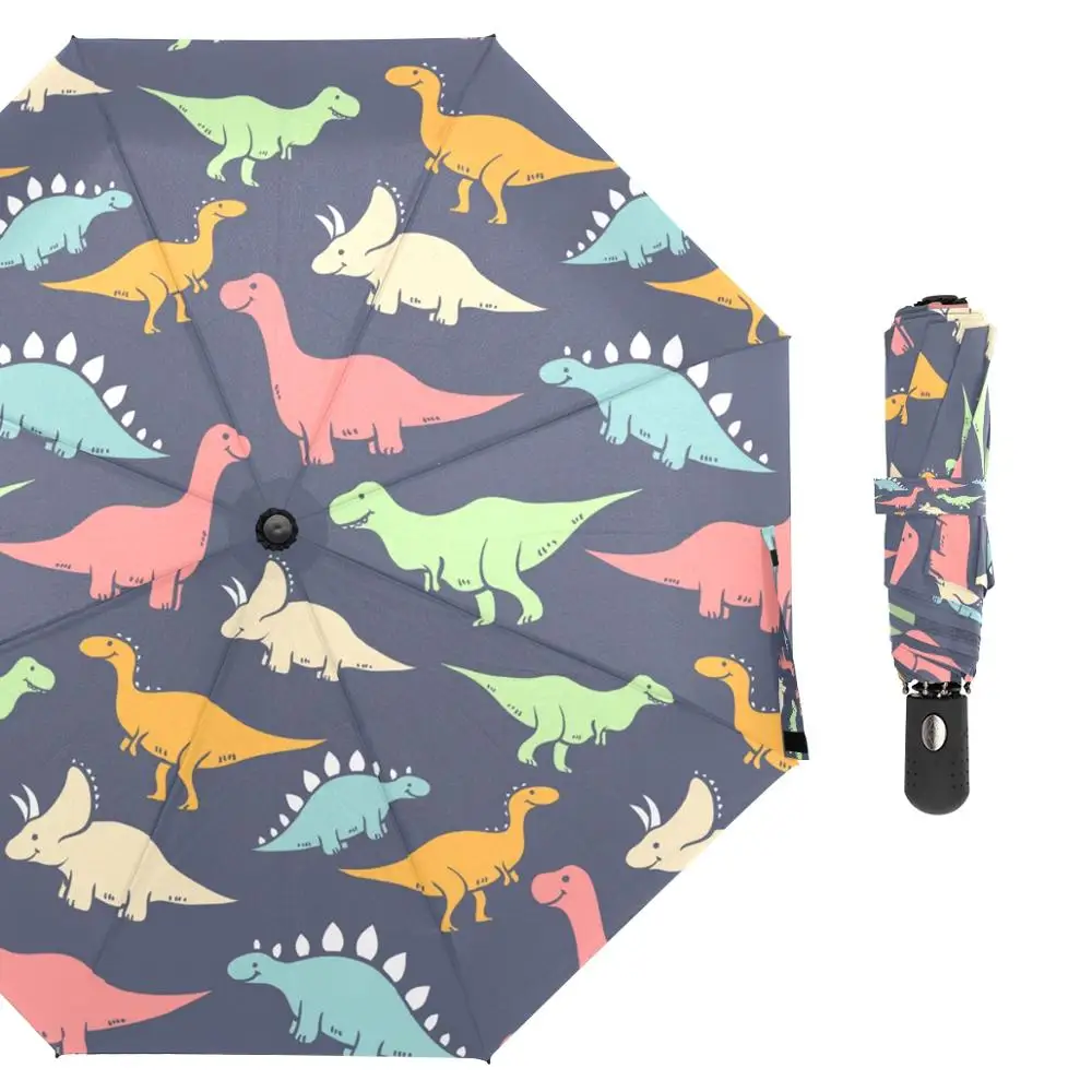 New Fully-automatic Three Folding Umbrella Dinosaur Printed Children Auto Open and Close Windproof Umbrella