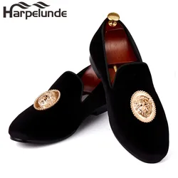 Harpelunde Men Event Tuxedo Shoes Lion Emblem Dress Wedding Black Velvet Loafer Slippers