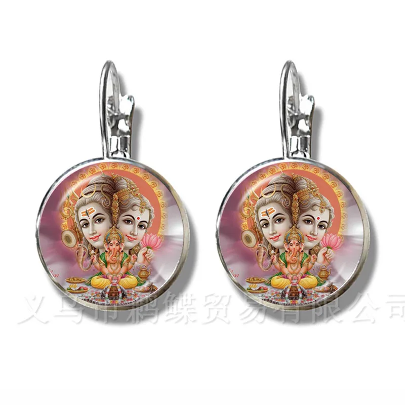 Classic India Earrings God Brahma,Vishnu, Lord Shiva Jewelry 16mm Glass Cabochon Silver Plated Stud Ear Religion Jewelry Gift