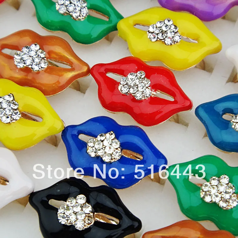 30pcs Party Jewelry Czech Rhinestones Mix Color Enamel Fashion Gold Women Lips Rings Wholesale Jewelry Lots Free Shipping A-648