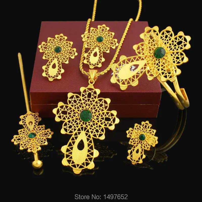 Latest Ethiopian Cross Set Jewelry Necklace/Pendant/Bangle/Earring/Ring/Hairpin 24k Gold Color African Bridal Wedding Set image 4