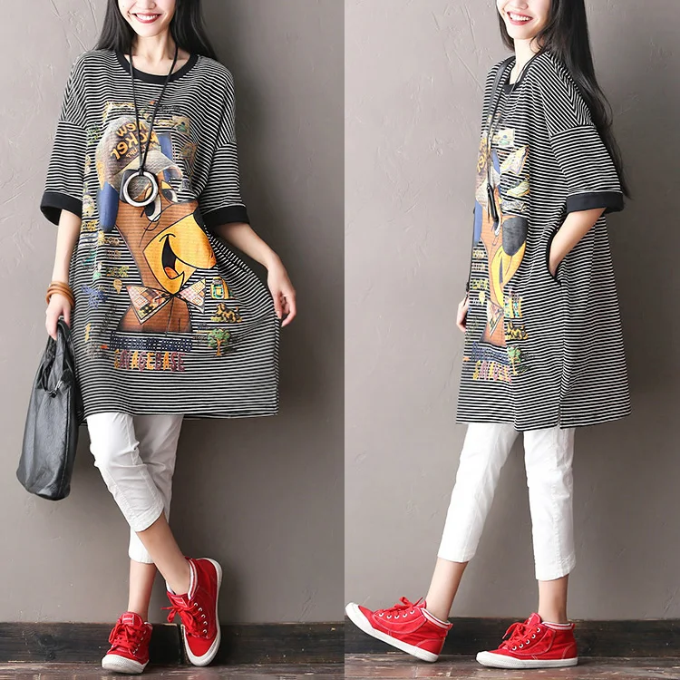 

2017 female new spring and summer 100% cotton cartoon print dress o-neck midguts casual plus size shirt