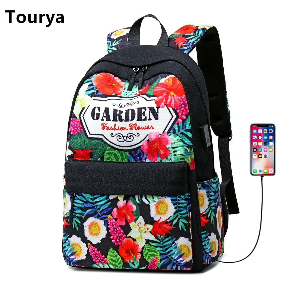 

Tourya Fashion Canvas Women Backpack School Bags Floral Printing For Teenagers Girls Bookbag Travel Laptop Bagpack Mochila