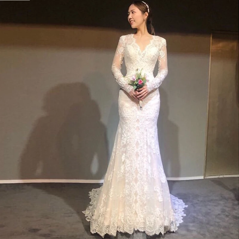 Elegant Mermaid Style V-neck Wedding Dress With Long Sleeves Appliques Custom Vestido De Novia White Ivory Korea Bridal Dress