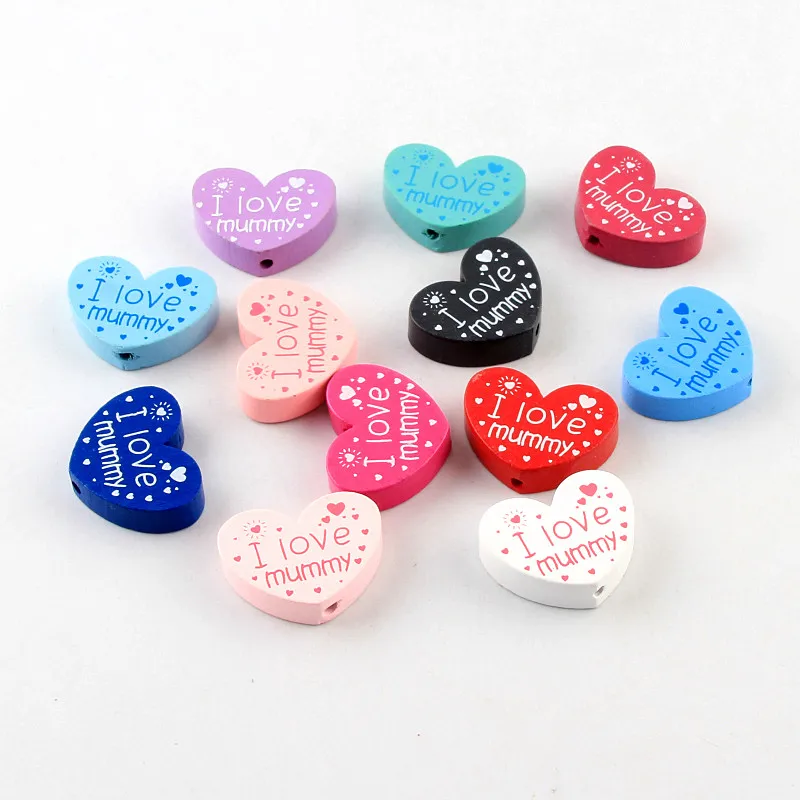 I love mummy pattern Wooden Beads 10pcs Heart Shape Spacer Beads For jewelry Making DIY Wood Pacifier clip Toys 23*30mm