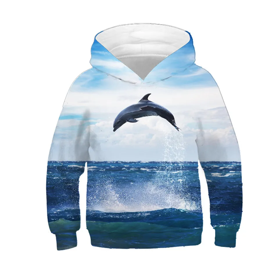 2025 Blue Sunny Sky Sea Jump Dolphin Printing Children Hoodies Winter Tops Boys/Girls 3d Sweatshirts Clothes Baby Kids Pullovers