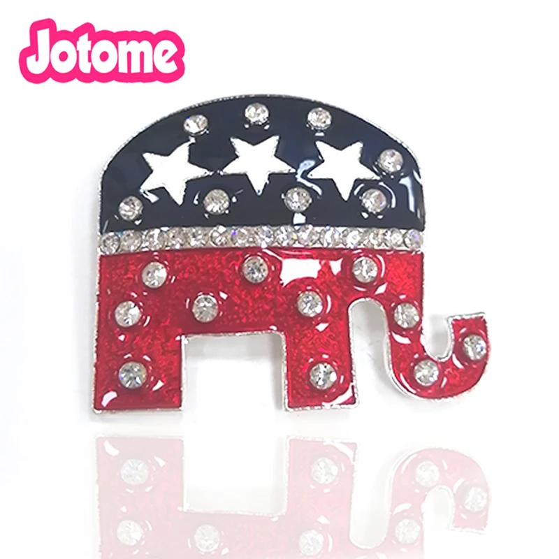 50pcs/lot Fashion silver tone Rhinestone enamel USA American Republican flag Elephant Patriotism Brooch Pin for gift