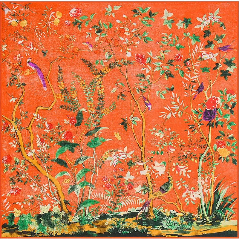 Koi leaping cachecol de seda feminino, xale flor pássaro selva estampa digital 130*130 cachecol de seda quadrado festa viagem presente mamãe