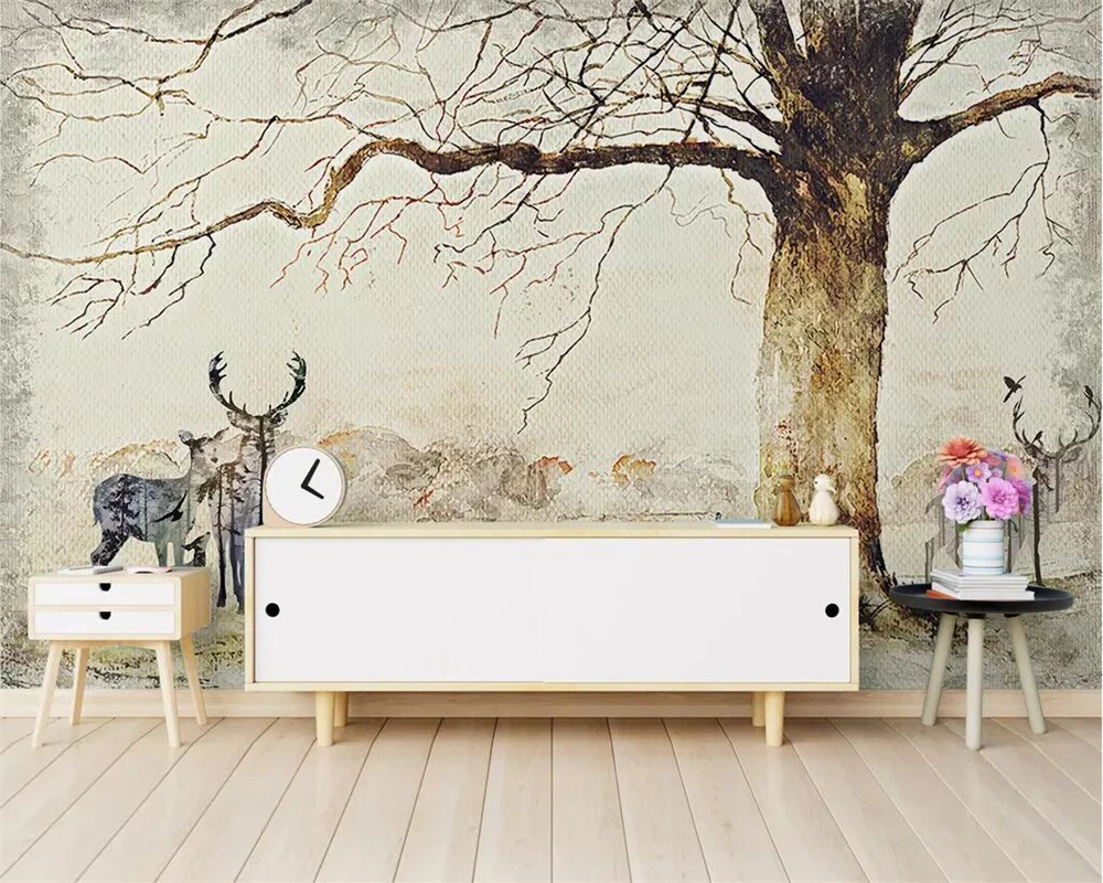 

Modern wallpaper mural Retro elk big tree landscape TV bedroom background wall paper home decoration 3d wallpaper