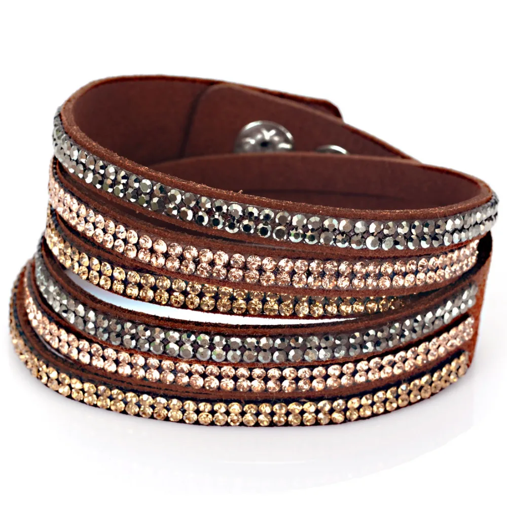 Miasol Double Wrap Velvet Leather 3 Rows Straps Full Pave Crystal Bilingbling Women Girls Bracelets Party Jewelry Gifts