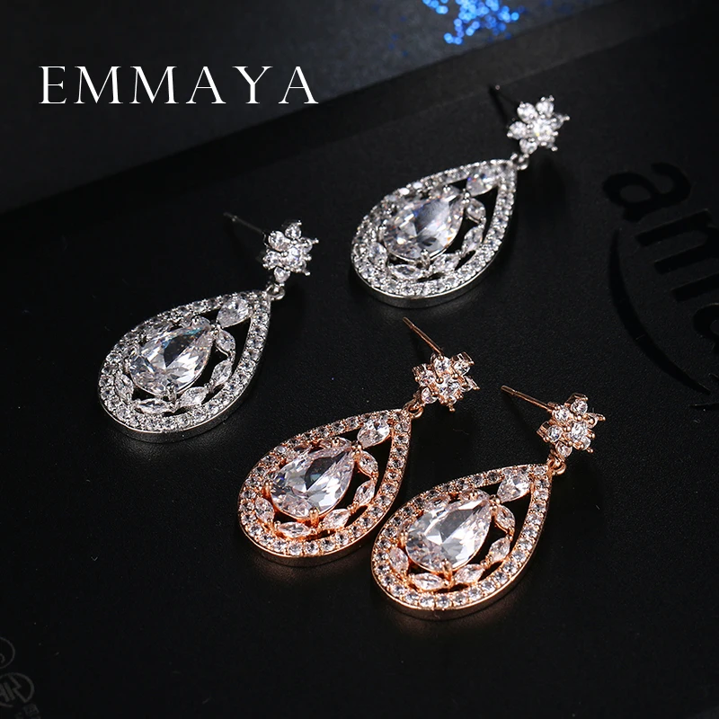 Emmaya Luxury Water Drop Shape Flower Clear Big CZ Bridal Crystal Wedding Earrings For Brides Fashion Spring Jewelry